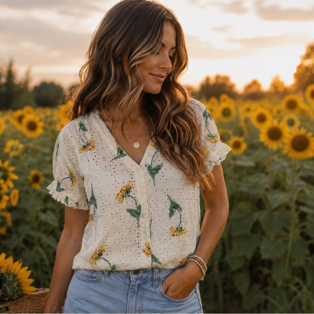 Madewell Cream Eyelet V-Neck Top with Yellow Sunflower Print